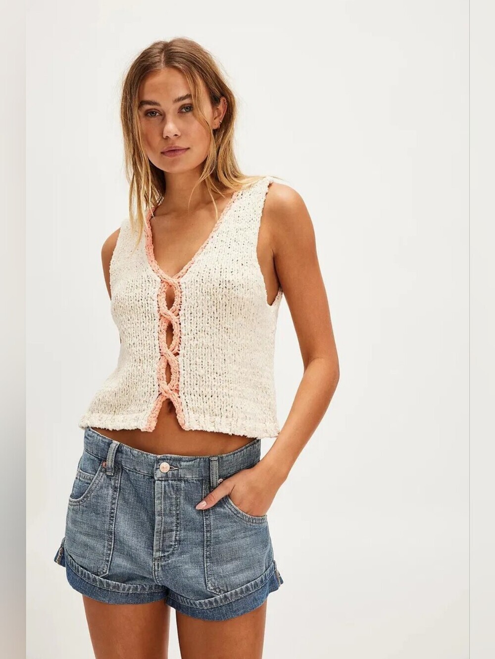 NWT ! FREE PEOPLE Sicily Sweater Shell Crochet Size Small Women Boho White Pink